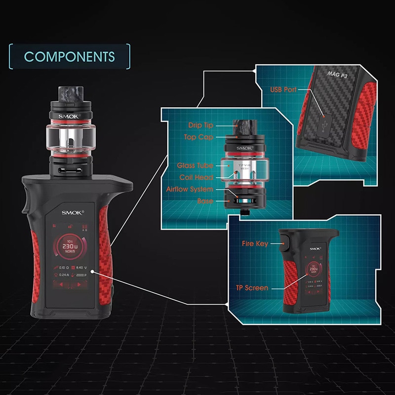 Original SMOK MAG P3 Vape Kit 230W 9ML TFV16 Tank Conical nexMesh 0.2ohm & 0.12ohm Dual Mesh Coil Mod Box E Cigarette Vaporizer - Image 4